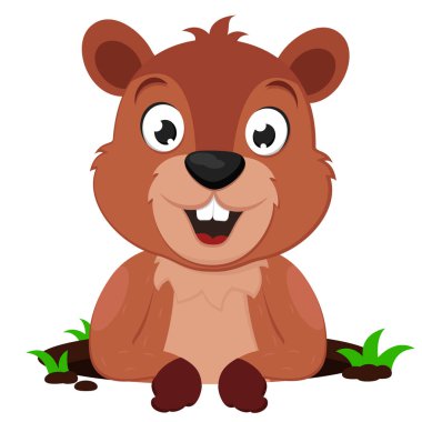 Bir köstebek delikten dışarı bakar ve beyaz bir arka plana karşı gülümser. Köstebek Günü