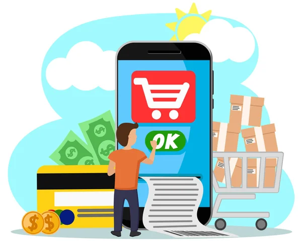 Man miniature pays for purchases online from your phone. Online payments — 스톡 벡터