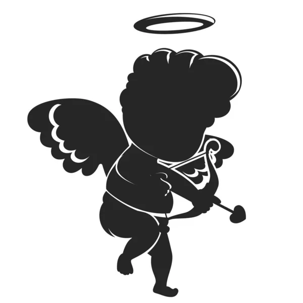 Silhouette Cupido sta con un fiocco e spara su un bianco. San Valentino — Vettoriale Stock