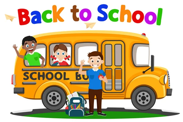 Los niños suben al autobús escolar en un blanco. Regreso a la escuela . — Vector de stock