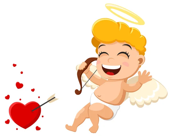 Cupido golpeó el objetivo y es feliz sobre un fondo blanco. Día de San Valentín — Vector de stock