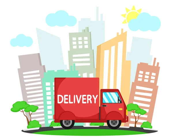 Delivery truck on the background of the city landscape. Delivery banner — ストックベクタ