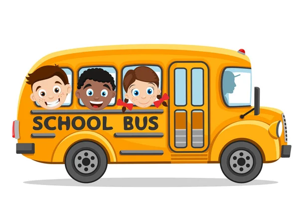 Дети едут в жёлтом школьном автобусе на белом. Возвращение в школу — стоковый вектор