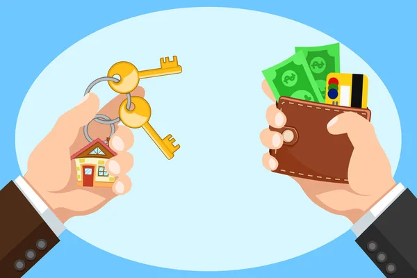 Hand with a wallet and keys to a new home, buying real estate. — 스톡 벡터