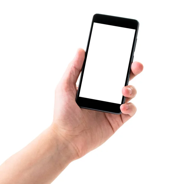 Teléfono en las personas mano sobre un fondo blanco, espacio para el texto,. Aislado — Foto de Stock