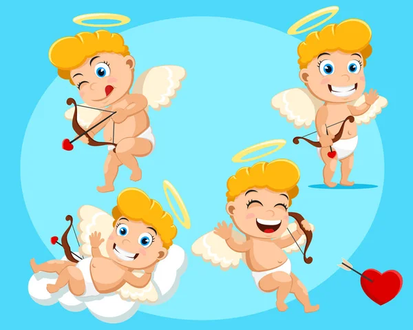 Ein Satz Cupids, verschiedene Aktionen auf blauem Hintergrund. Charaktere für den Valentinstag — Stockvektor