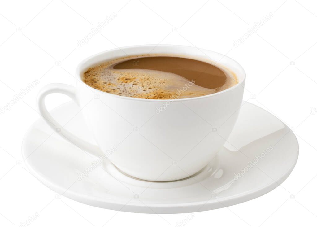 A Cup of coffee with a saucer on a white. Isolated