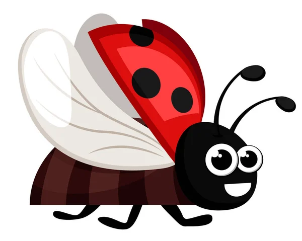 Ladybug vliegt en glimlacht op een witte achtergrond. Personage — Stockvector