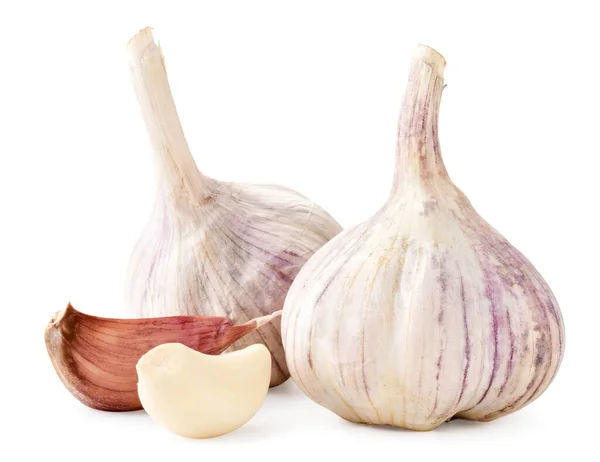 Heads of garlic unpeeled and peeled a clove closeup on a white background. Isolated — Stockfoto