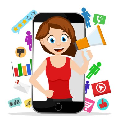 Girl blogger shouts into a megaphone from a mobile phone screen on a white background. Character