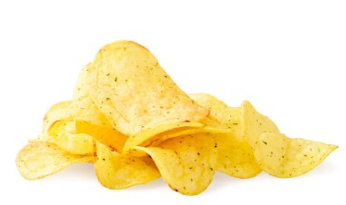 Pile of potato chips with seasonings close-up on a white background. Isolated