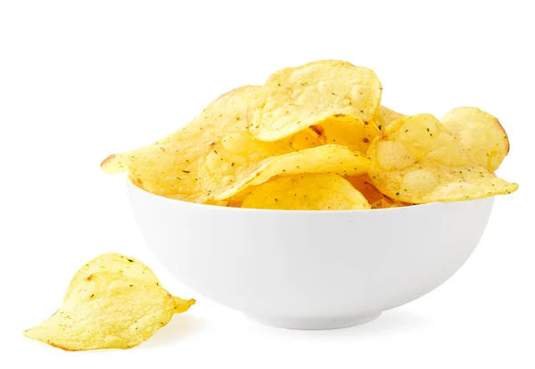 Potato chips with seasonings in a plate and scattered on a white. Isolated — Stok fotoğraf