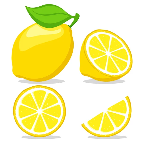 Yapraklı bir limon seti, yarım ve parça beyaz arka plan.