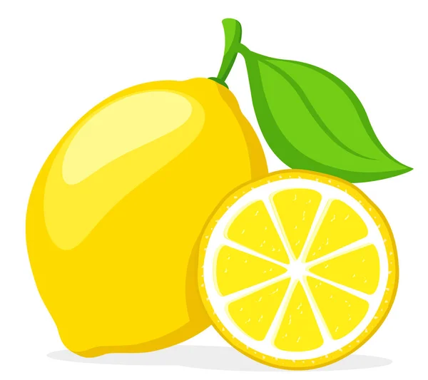 白い背景に緑の葉を持つ全体のレモンと半分 — ストックベクタ