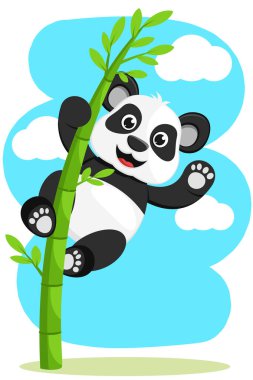 Panda bambu üzerinde sallanıyor gülümsüyor ve patisini sallıyor. Karakter
