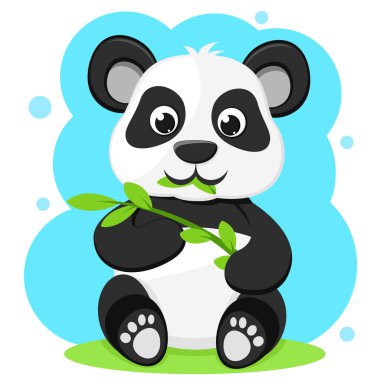 Panda beyaz arka planda oturur ve bambu yer. Karakter