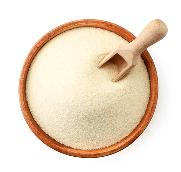 Semolina Ένα Ξύλινο Μπολ Closeup Top View Μεμονωμένα — Φωτογραφία Αρχείου