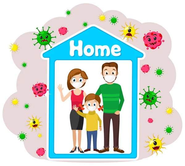 Family Protective Medical Masks Quarantined Home Viruses Isolated — Stock Vector