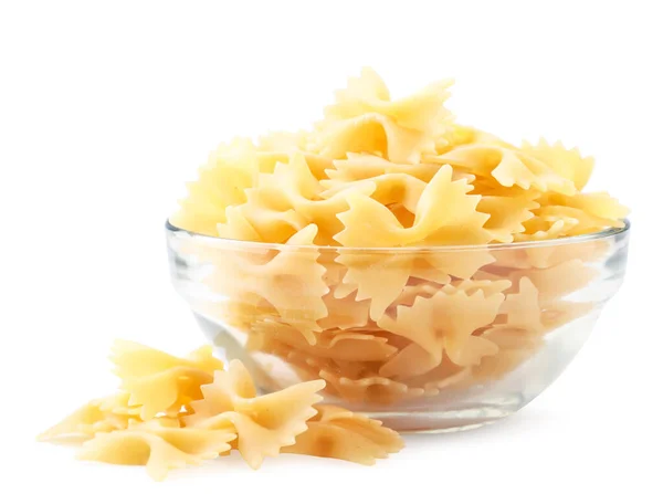 Raw Pasta Fjärilar Glasskål Närbild Vit Bakgrund Isolerad — Stockfoto