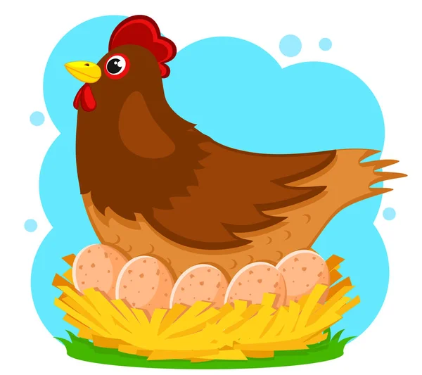 Chicken Sits Nest Eggs Character — Stock Vector