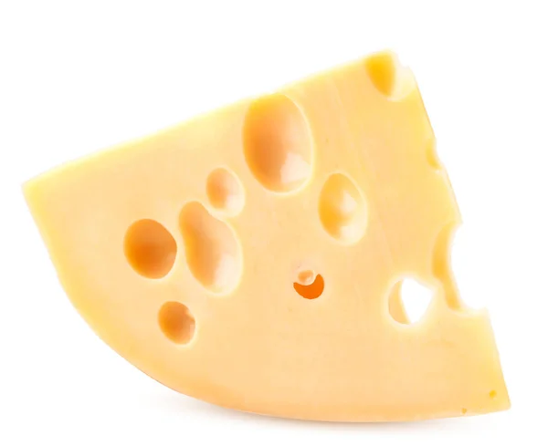 白い背景に大きな穴のあるチーズの三角形 マサダムチーズのクローズアップ — ストック写真