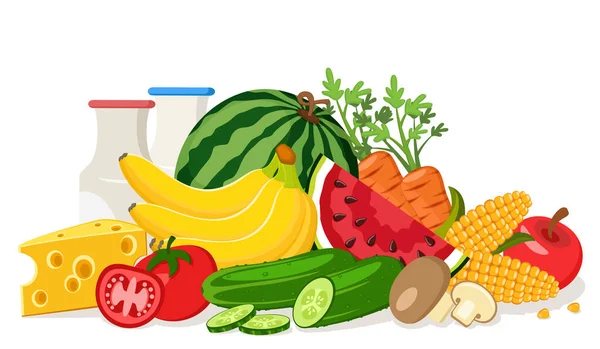 Ein Haufen Gemüse Obst Und Milchprodukte Auf Weißem Hintergrund — Stockvektor