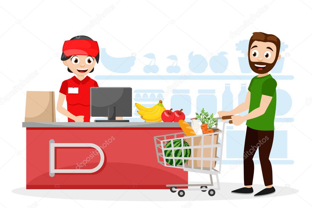 Cashier at supermarket checkout and shopper with supermarket cart of products on a white background