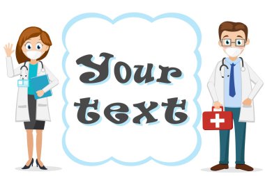 Üniformalı ve tıbbi maskeli kadın doktor ve erkek doktor beyaz bir arkaplanda yazı için bir yerde duruyorlar.