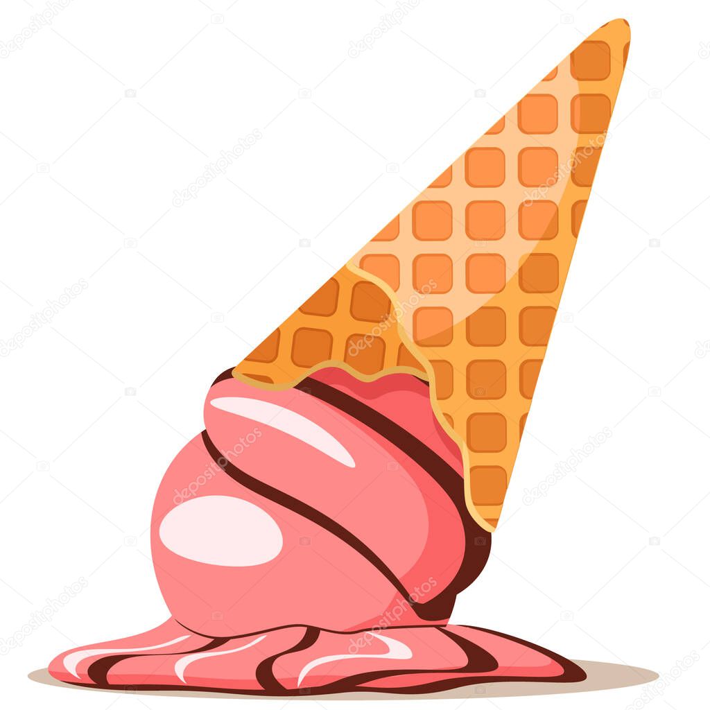 Ice cream cone fell and spread on a white background