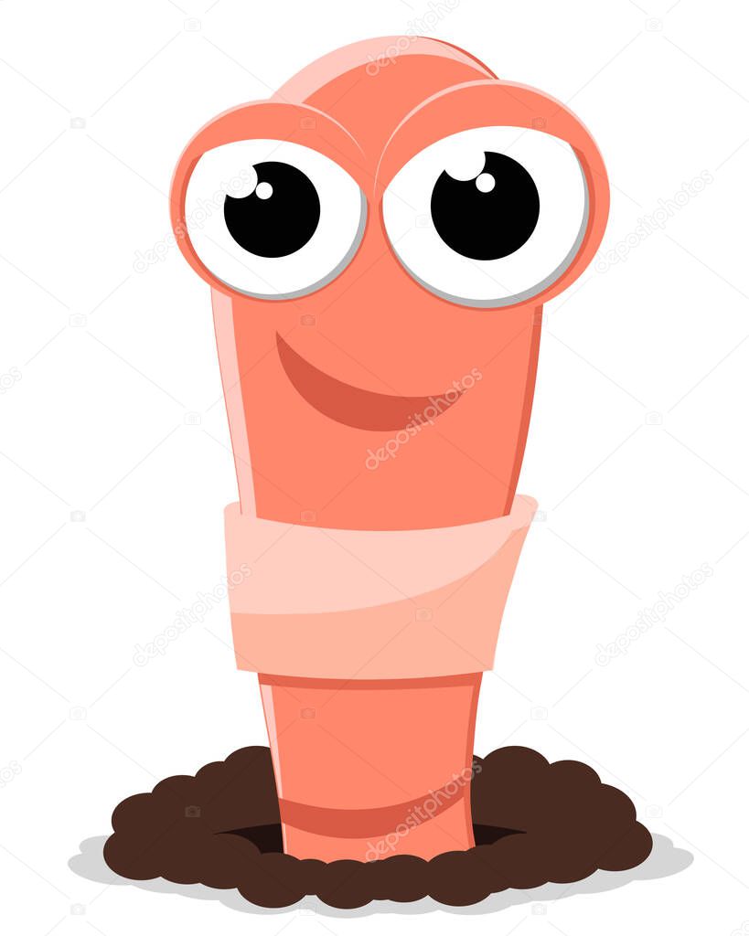 An earthworm crawled out of an earthen hole, a character on a white background.