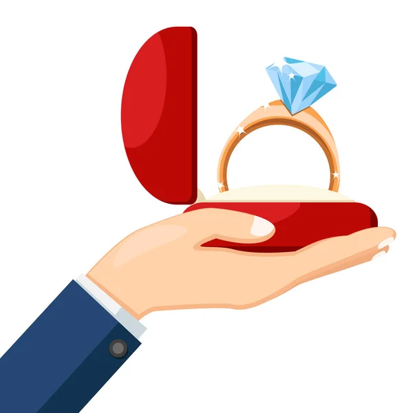 Anel Com Diamante Uma Caixa Aberta Uma Mão Homem Anel —  Vetores de Stock