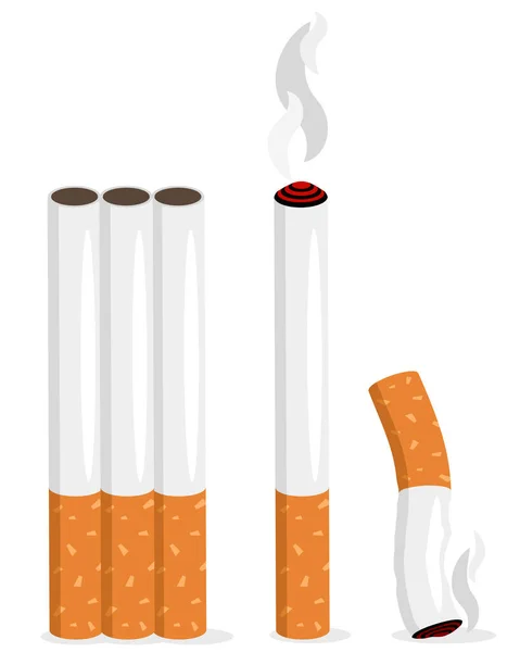 Набор реалистичных сигарет целиком, с дымом и окурком — стоковый вектор