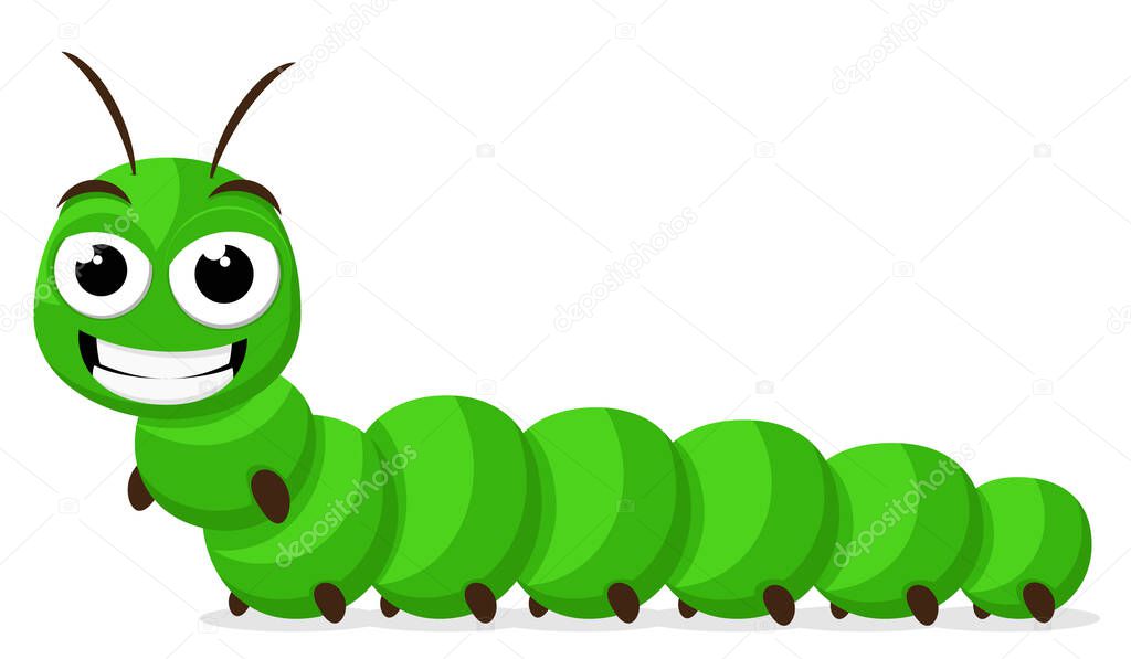A green caterpillar is smiling on white background. Character