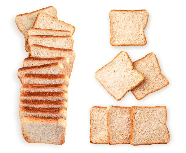 Set geschnittenes, quadratisches Brot auf weißem Hintergrund isoliert. Der Blick von oben — Stockfoto