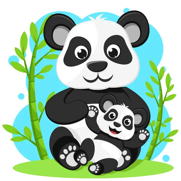 Orso Panda Con Piccolo Panda Seduto Vicino Bambù Carattere — Vettoriale Stock
