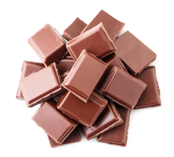 Pieces Milk Chocolate Heap Closeup White Background Isolated View Top — Stock Photo, Image