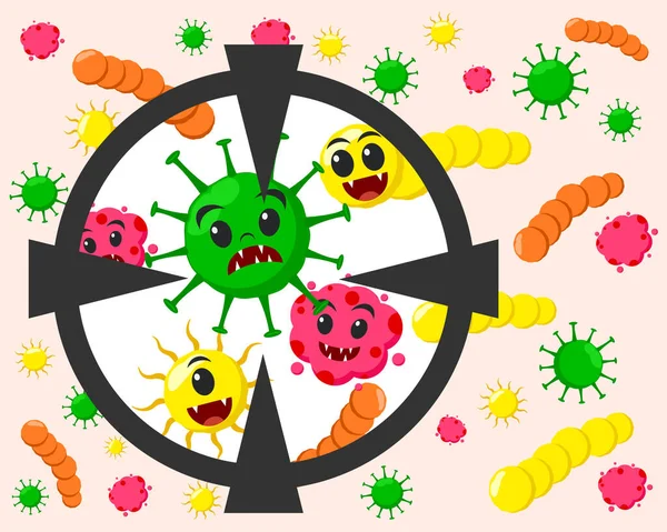 Diferentes gérmenes están bajo el objetivo. Los virus son el objetivo — Archivo Imágenes Vectoriales