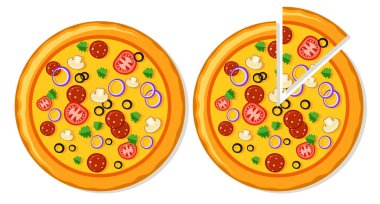 İki pizza ve dilimlenmiş bir dilim. Yukarıdan görünüm