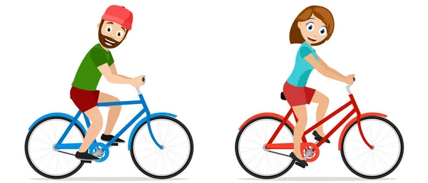 Hombre Mujer Andan Bicicleta Sobre Fondo Blanco Ciclismo Estilo Vida — Archivo Imágenes Vectoriales