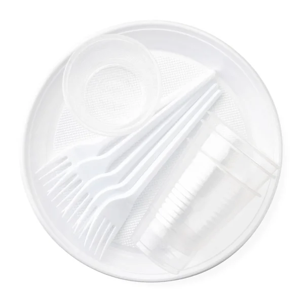 Set Van Wegwerp Plastic Servies Close Een Witte Achtergrond Geïsoleerd — Stockfoto