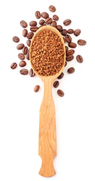 Instant Coffee Wooden Spoon Coffee Grains White Background Isolated View — Stock Photo, Image