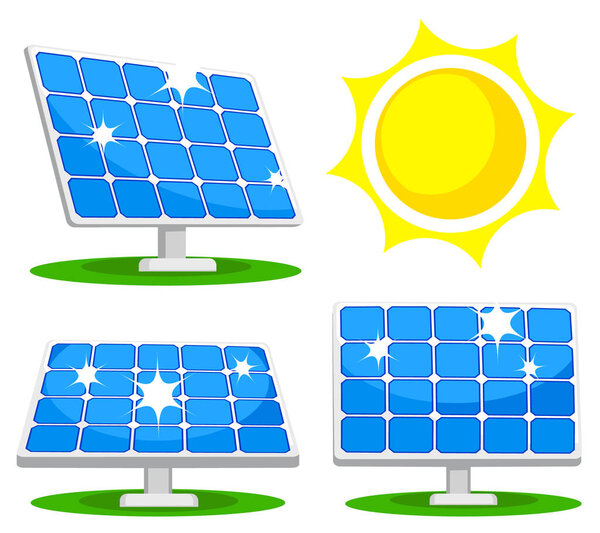 Set of solar panels in different angles and the sun on a white background