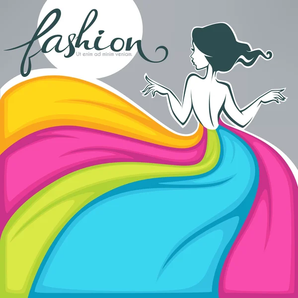 Girl in dress look like a colorful fabric, fashion banner, card, — Stock Vector