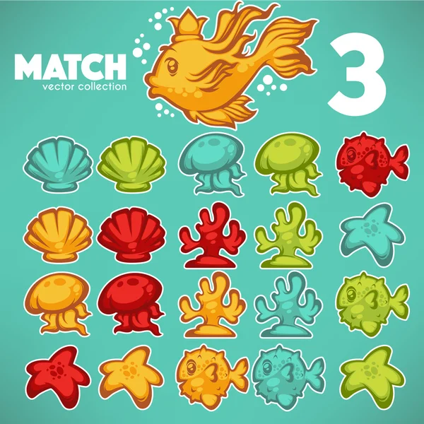 Jeu sous-marin, match 3, éléments vectoriels de dessin animé pour votre propre m — Image vectorielle