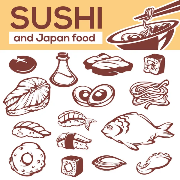 Zutaten japanischer Küche, alles für Ihre Nudel- und Sushi-Karte — Stockvektor
