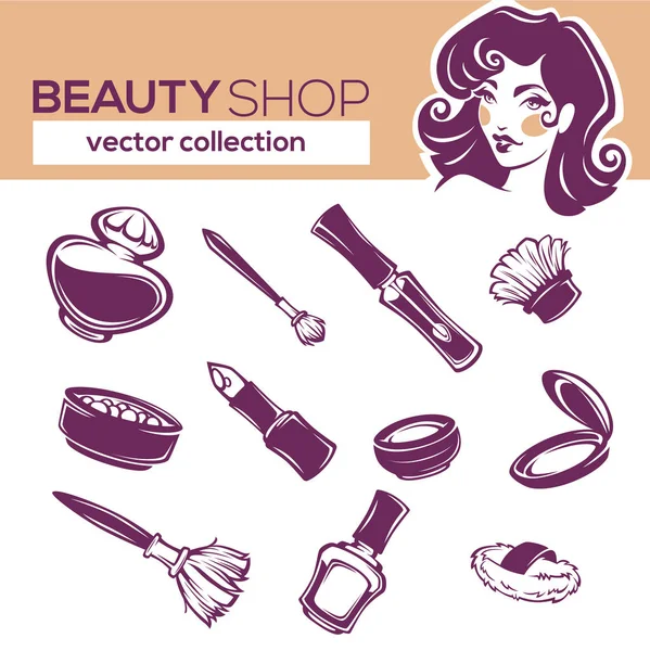 Vector cosmetic collection, eyeshadow, lipstick, nail polish, ro — Stock Vector