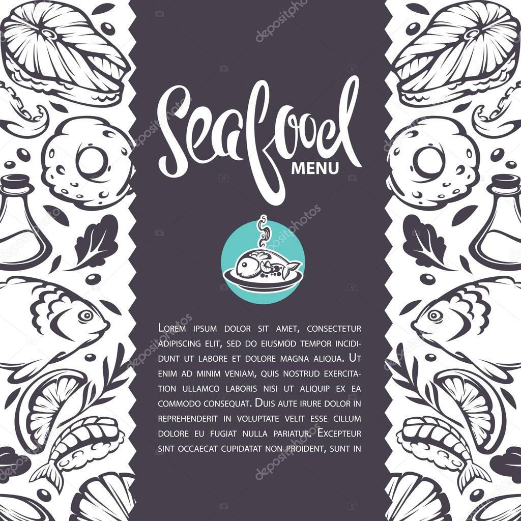 Sea food background, vector template design for your menu, with lettering composition