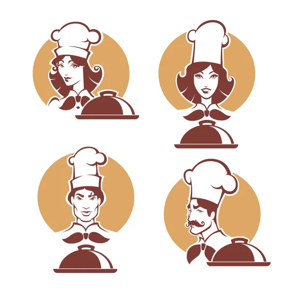 Chef y mujer chef, portrets vectoriales de profesionales, en s retro — Archivo Imágenes Vectoriales