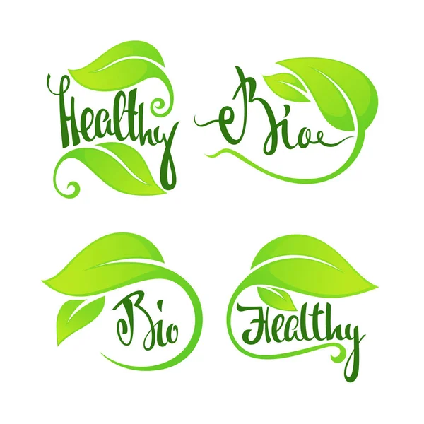 Bio and healthy, green leaves and lettering composition for logo — Stock Vector