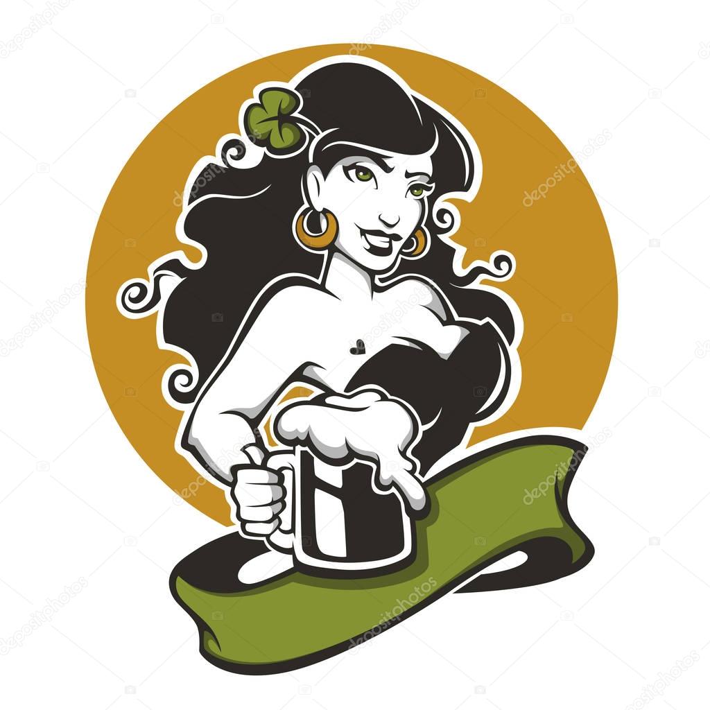 Sexy girl and beer, vector emblem for you Saint Patrick day design